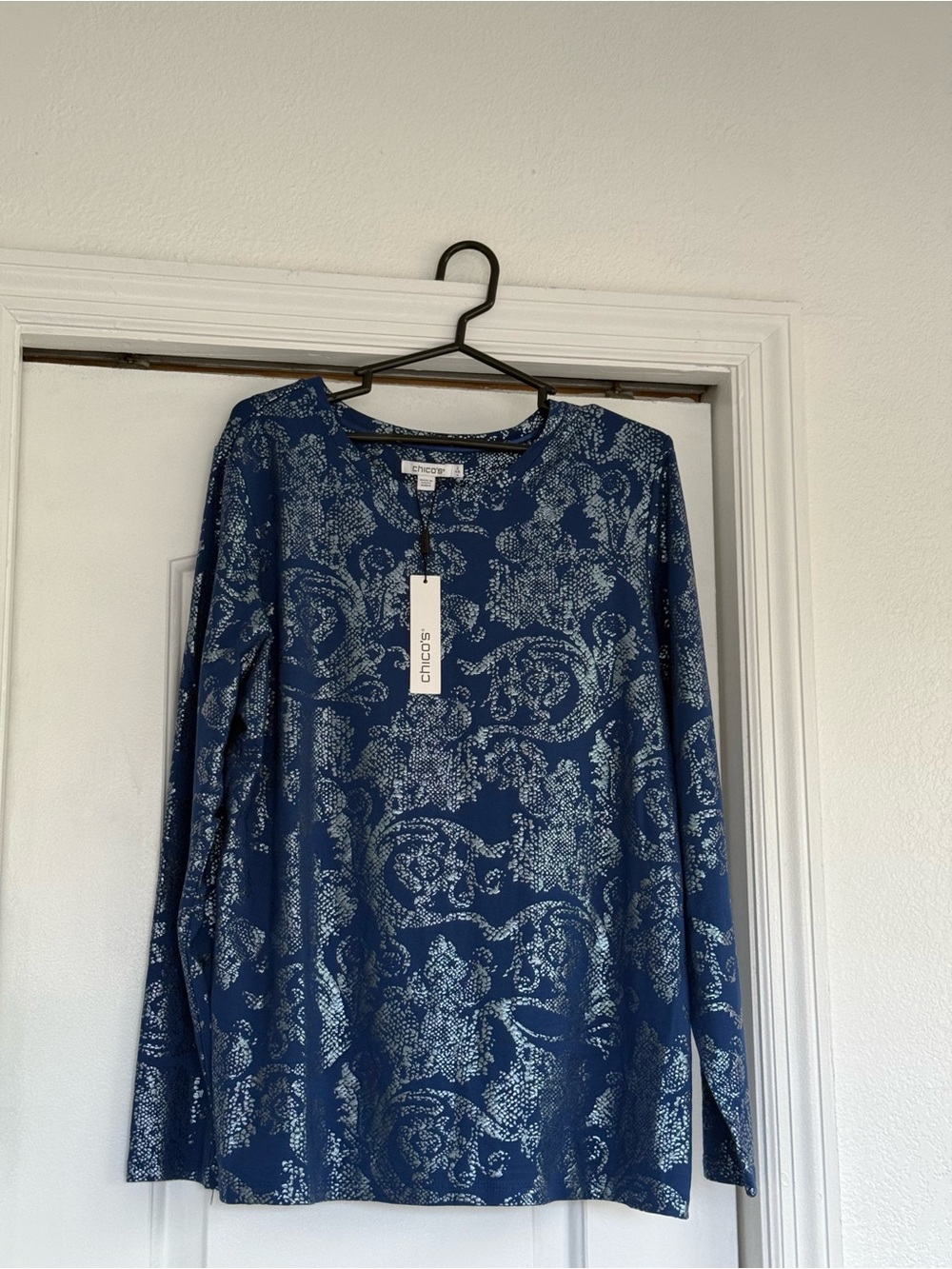 Chico's Navy Blue Printed Long-Sleeve Blouse